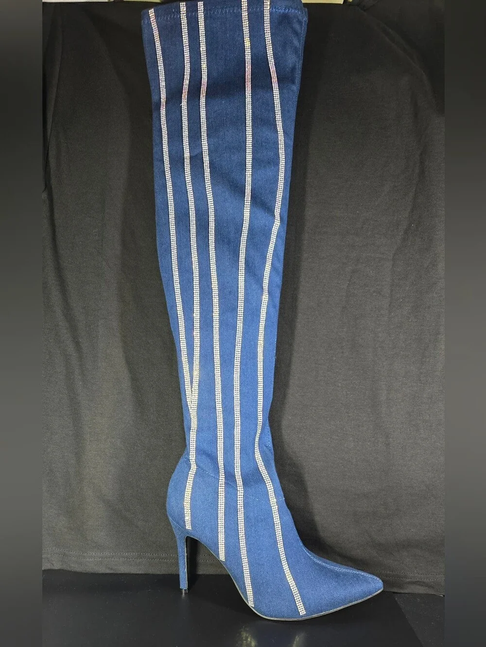 Hidenim Rhinestone Thigh High Stiletto Boots - Denim